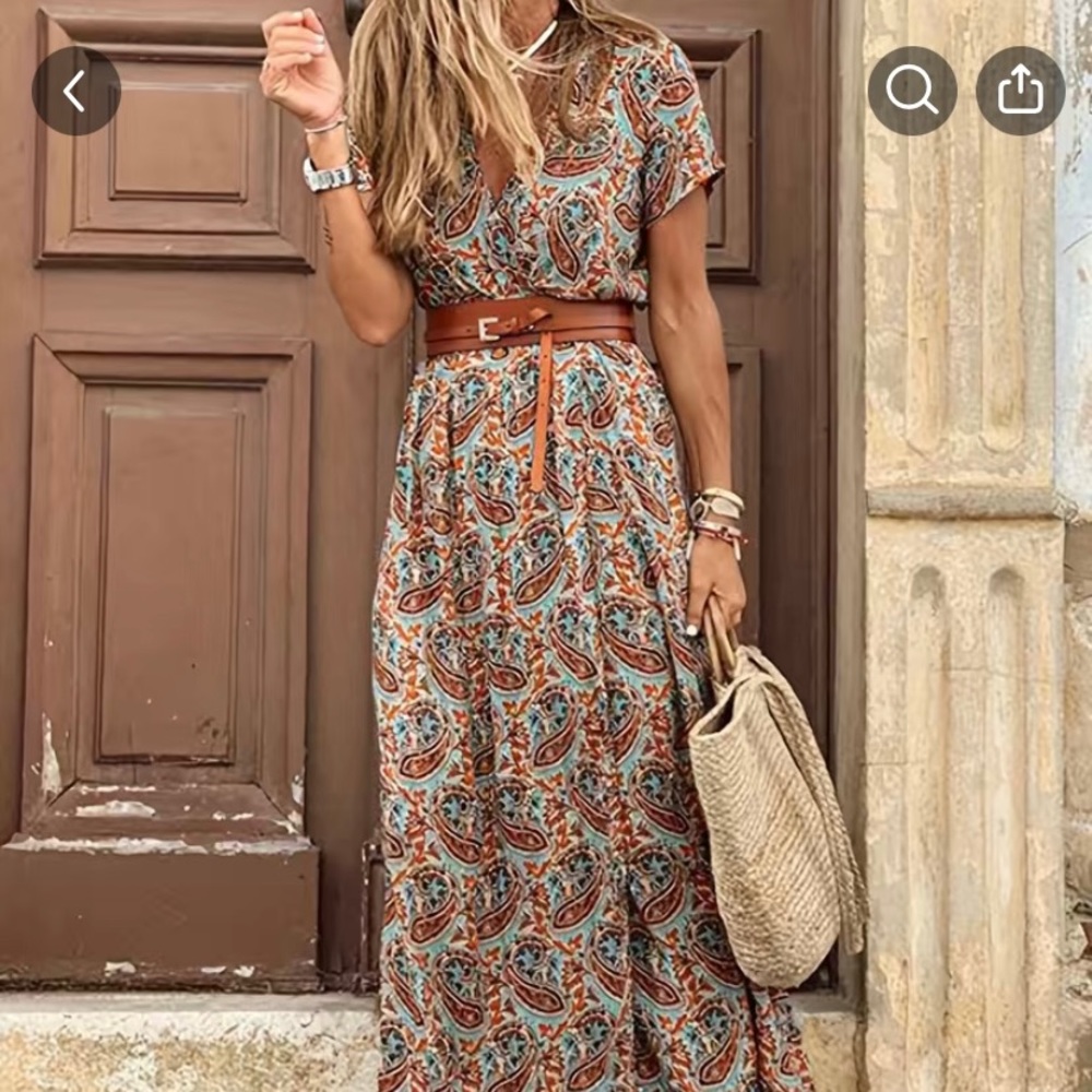Spring Paisley Print Maxi Dress with belt